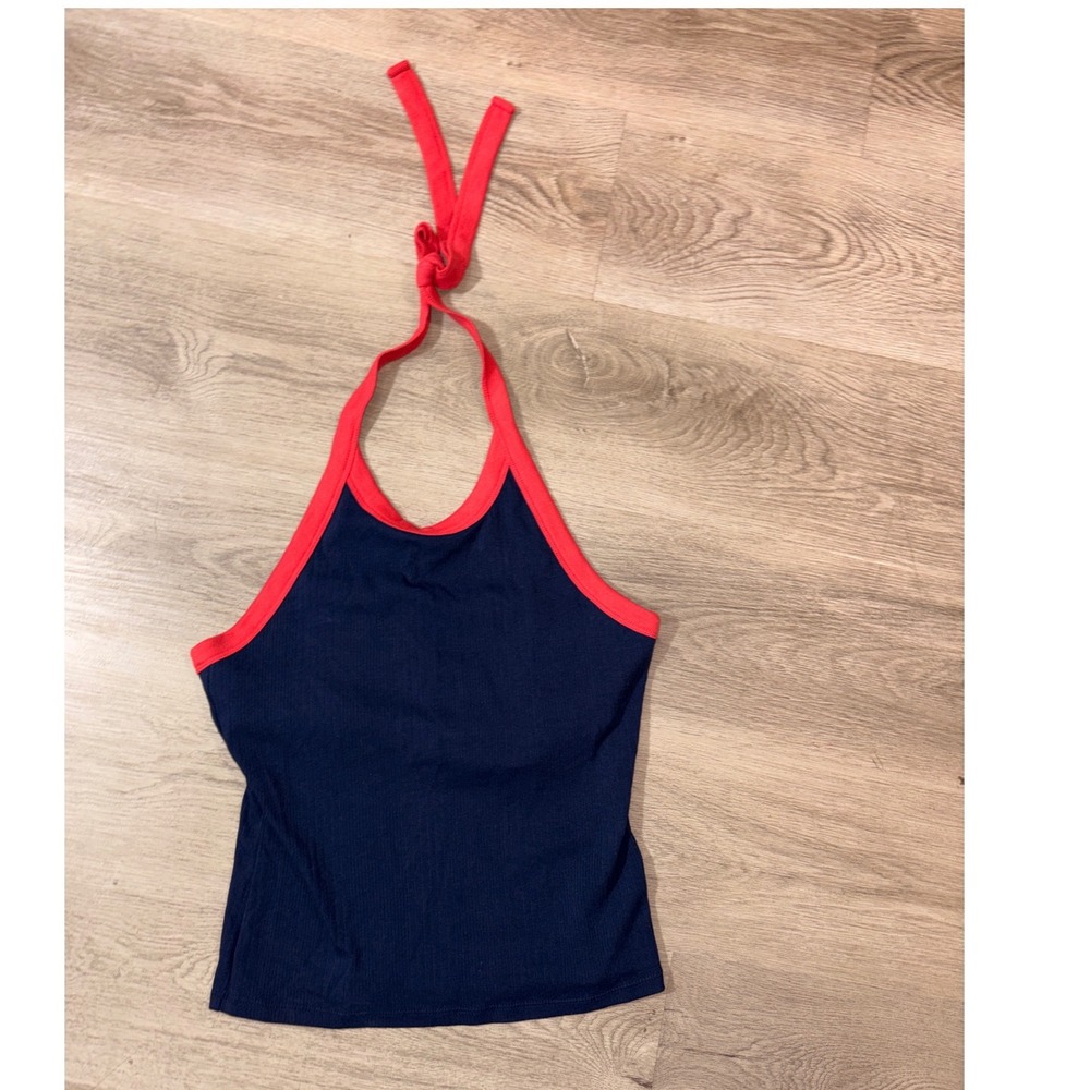 Universal Thread Navy Blue Red Contrast Trim Halter Neck Ribbed Tank Top Medium